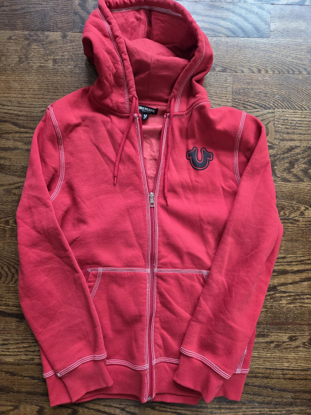 True Religion Men's Big T Full Zip Fleece Hoodie Red White Stitch Size M